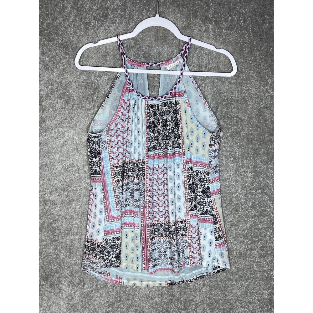 Spense Sleeveless Halter Top‎ Women Size Medium Blue Lined Keyhole Mesh Floral